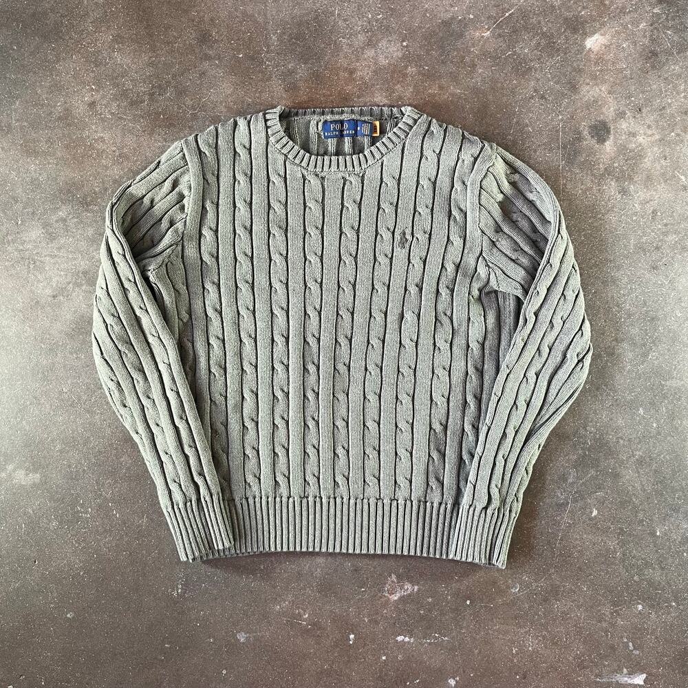 womens polo ralph lauren cable knit light brown letterman sweater size M